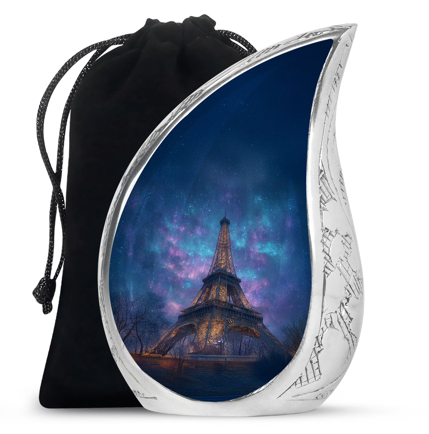 Cornflower Blue Eiffel Tower Cremation Urn front view showing detailed design - graceful tear-shaped urn with eiffel tower motif - full-size 10 inch 200 cubic inch adult cremation urn