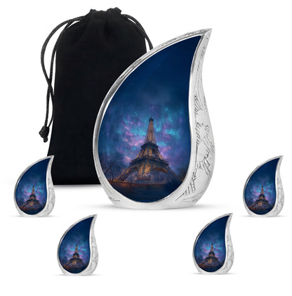Azure Eiffel Tower Cremation Urn side profile showing urn shape - rounded teardrop eiffel tower design with delicate detail - memorial set with one large and four small urns