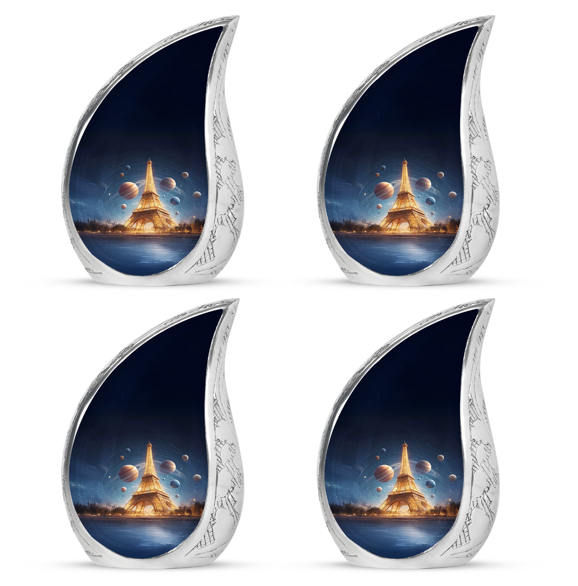 Azure Eiffel Tower Cremation Urn close-up of engraving and surface detail - flowing teardrop eiffel tower silhouette on curved aluminum - 10 inch aluminum urn for cremated remains