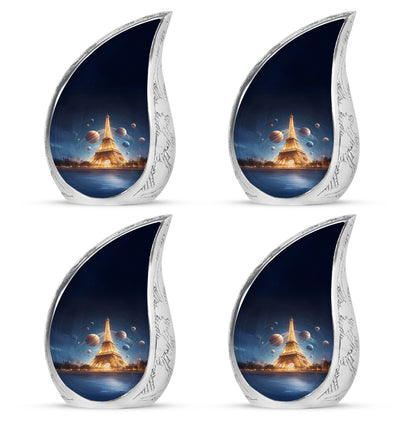 Azure Eiffel Tower Cremation Urn close-up of engraving and surface detail - flowing teardrop eiffel tower silhouette on curved aluminum - 10 inch aluminum urn for cremated remains