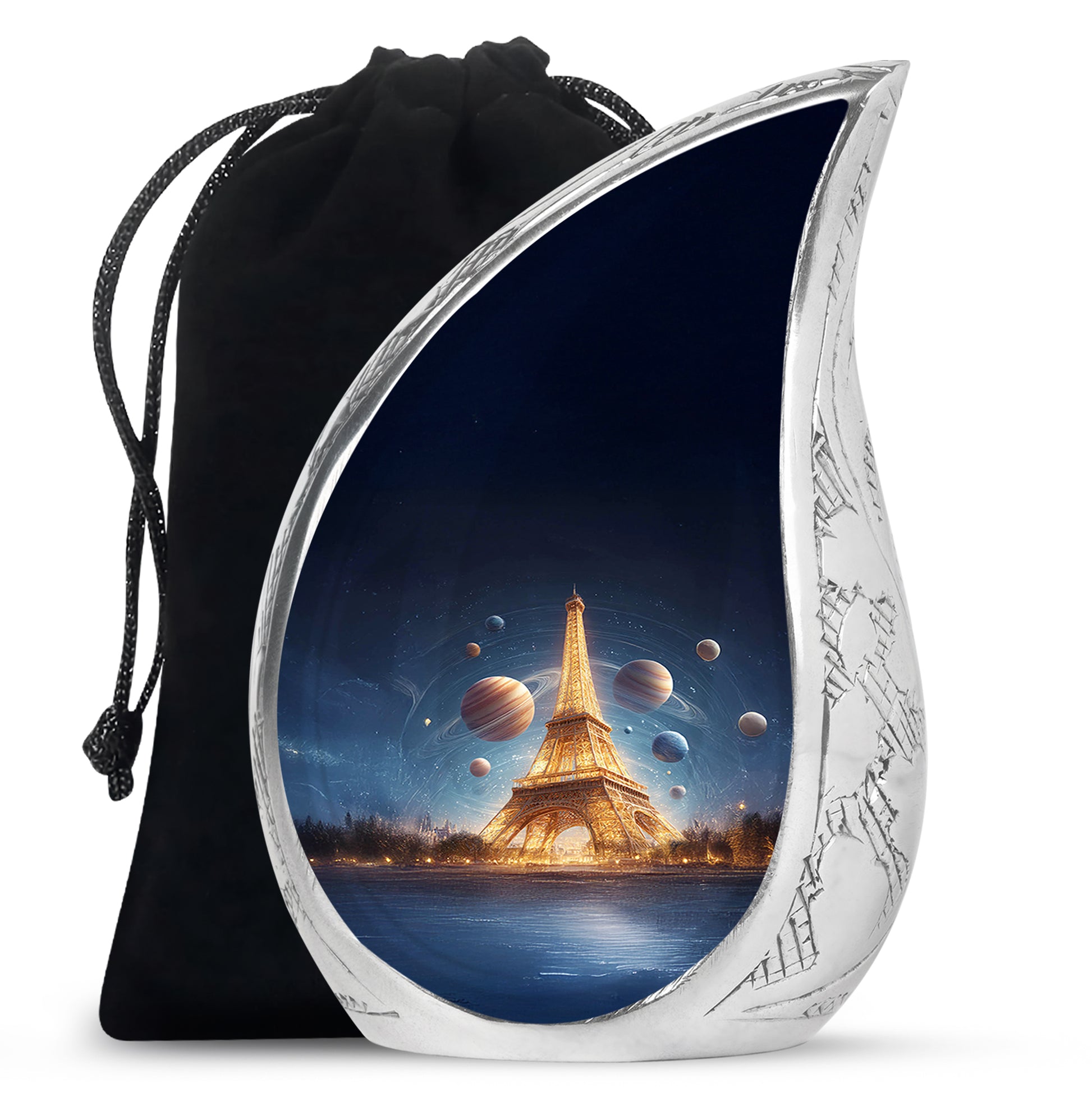 Celestial Blue Eiffel Tower Cremation Urn front view showing detailed design - flowing teardrop eiffel tower silhouette on curved aluminum - full-size 10 inch 200 cubic inch adult cremation urn