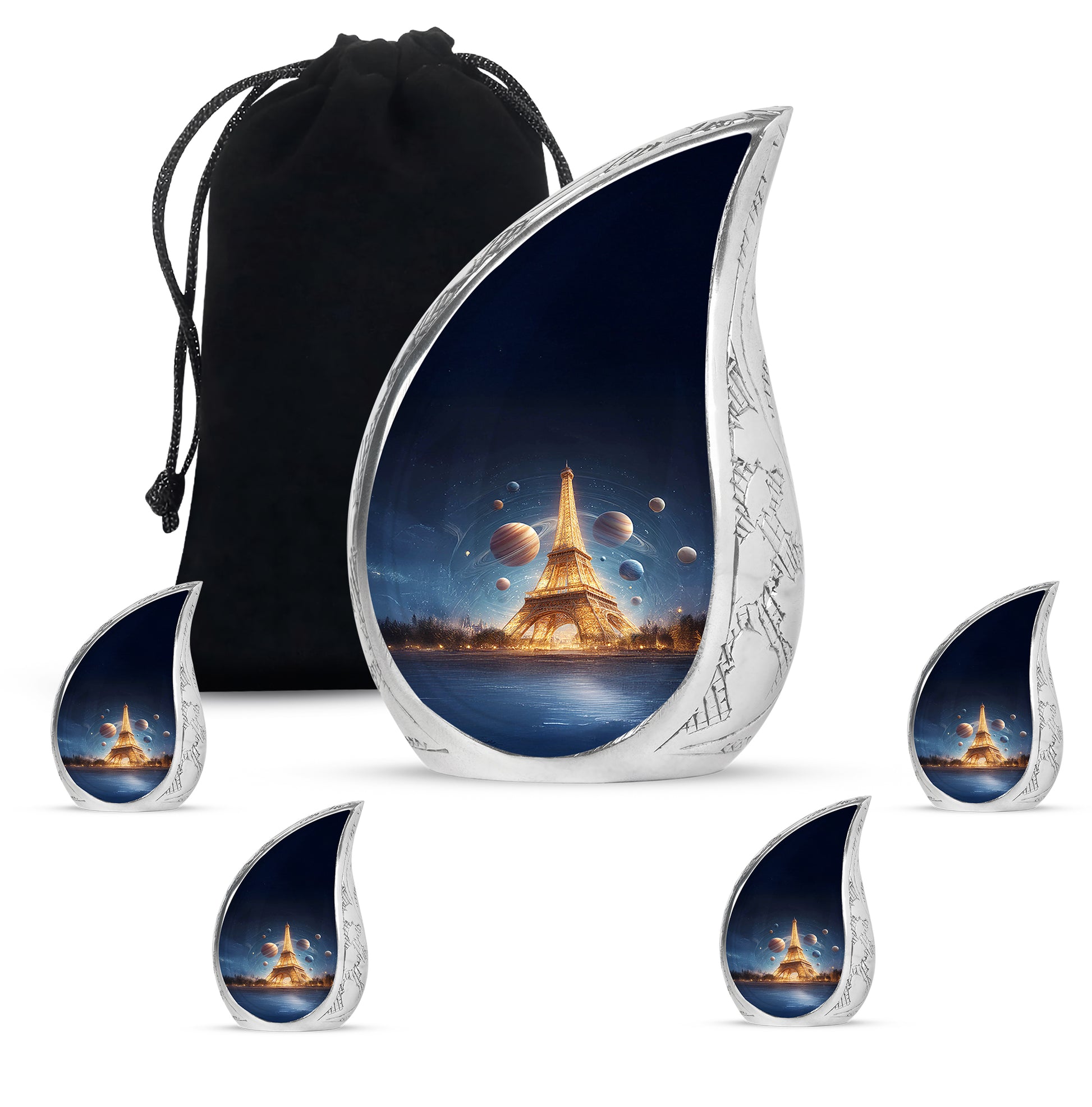 Navy Blue Eiffel Tower Cremation Urn side profile showing urn shape - rounded teardrop eiffel tower design with delicate detail - memorial set with one large and four small urns