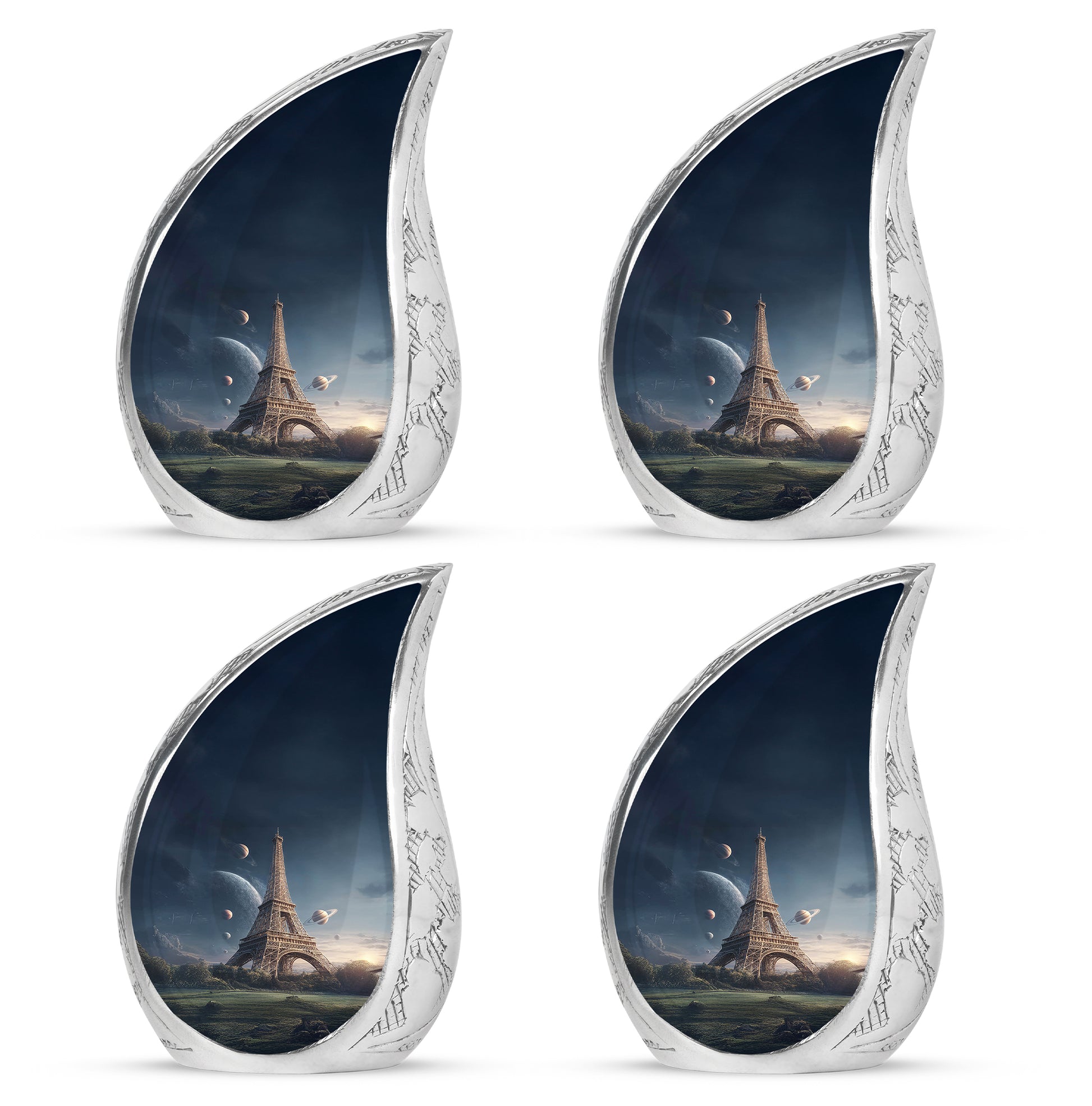 Slate Blue Eiffel Tower Cremation Urn close-up of engraving and surface detail - rounded teardrop eiffel tower design with delicate detail - 10 inch aluminum urn for cremated remains