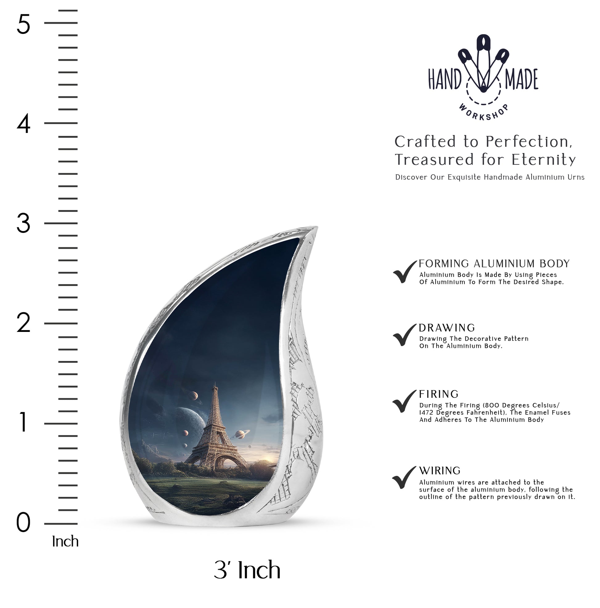 Cornflower Blue Eiffel Tower Cremation Urn angled view of lid and engraved motif - graceful tear-shaped urn with eiffel tower motif - mini keepsake memorial for portion of cremation ashes