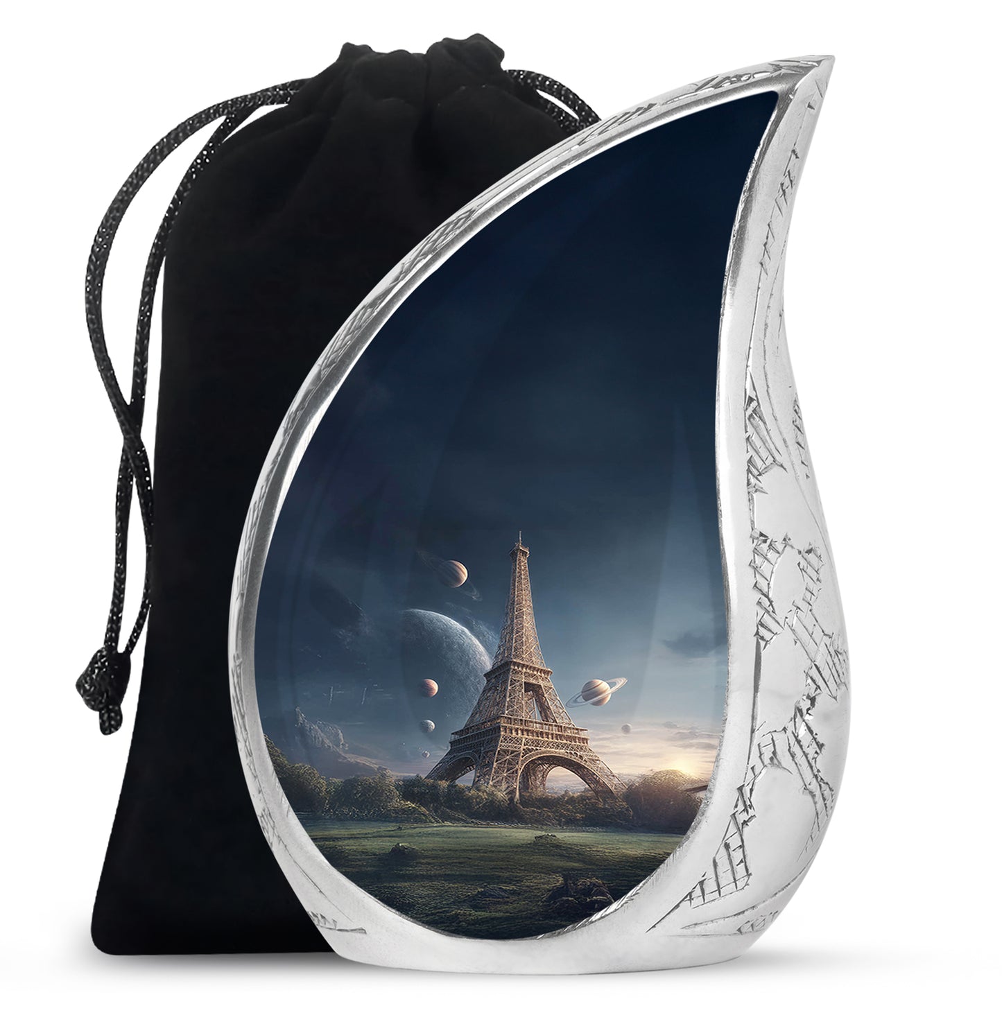 Soft Blue Eiffel Tower Cremation Urn front view showing detailed design - graceful tear-shaped urn with eiffel tower motif - full-size 10 inch 200 cubic inch adult cremation urn