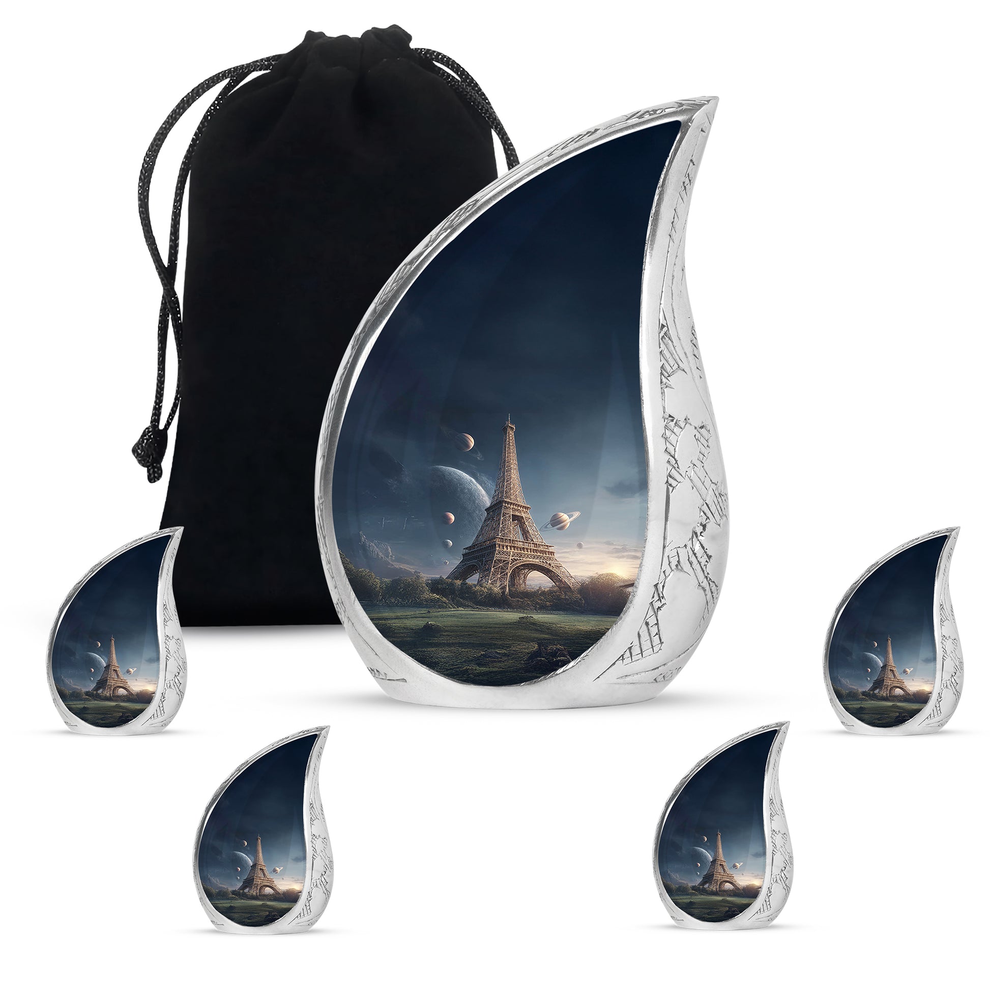 Bright Blue Eiffel Tower Cremation Urn side profile showing urn shape - smooth teardrop contour featuring eiffel tower art - memorial set with one large and four small urns