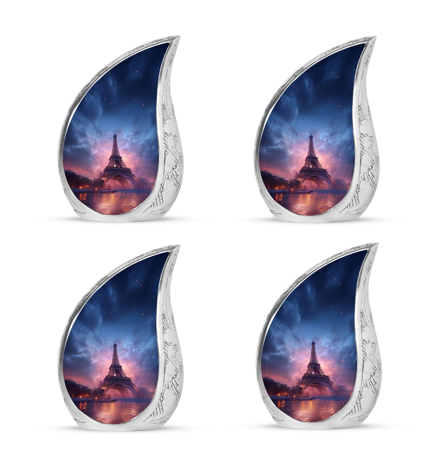 Misty Blue Eiffel Tower Cremation Urn close-up of engraving and surface detail - flowing teardrop eiffel tower silhouette on curved aluminum - 10 inch aluminum urn for cremated remains