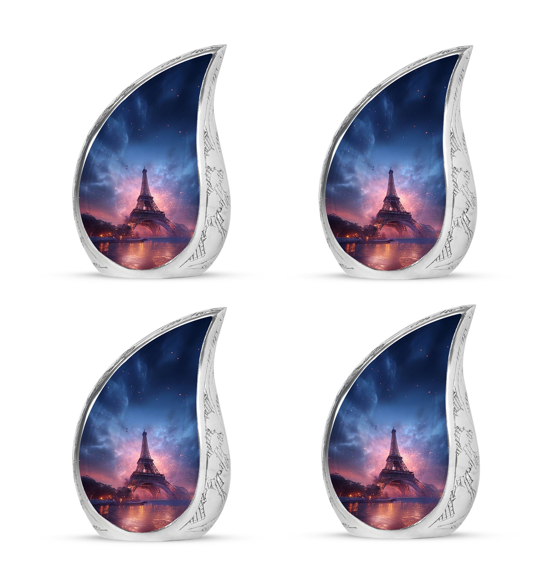 Misty Blue Eiffel Tower Cremation Urn close-up of engraving and surface detail - flowing teardrop eiffel tower silhouette on curved aluminum - 10 inch aluminum urn for cremated remains