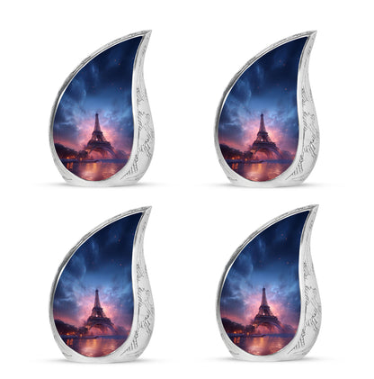 Misty Blue Eiffel Tower Cremation Urn close-up of engraving and surface detail - flowing teardrop eiffel tower silhouette on curved aluminum - 10 inch aluminum urn for cremated remains