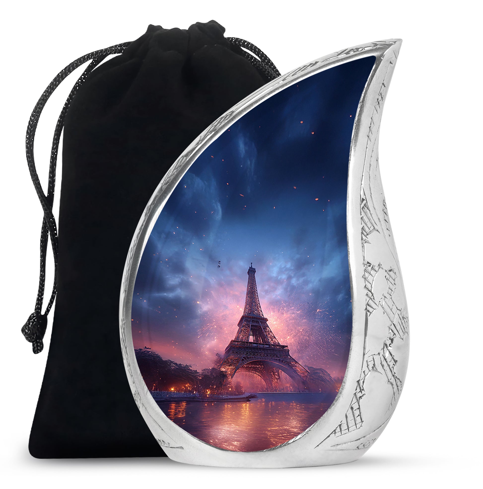 Powder Blue Eiffel Tower Cremation Urn front view showing detailed design - rounded teardrop eiffel tower design with delicate detail - full-size 10 inch 200 cubic inch adult cremation urn