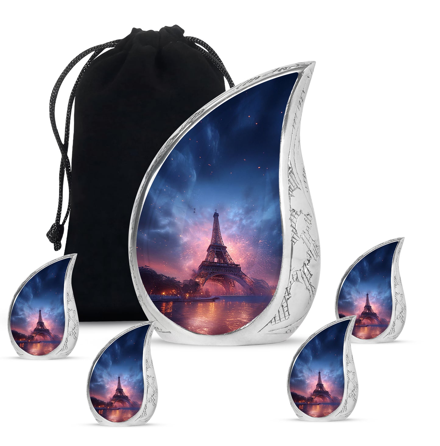 Calming Blue Eiffel Tower Cremation Urn side profile showing urn shape - smooth teardrop contour featuring eiffel tower art - memorial set with one large and four small urns