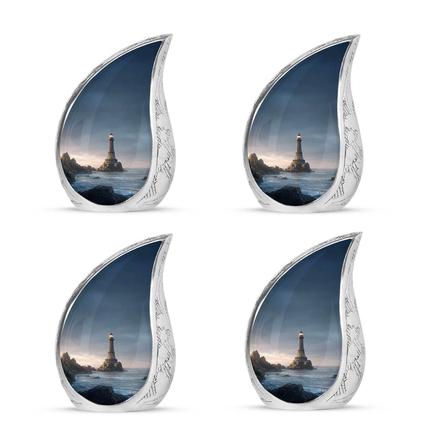 Twilight Blue Eiffel Tower Cremation Urn close-up of engraving and surface detail - graceful tear-shaped urn with eiffel tower motif - 10 inch aluminum urn for cremated remains