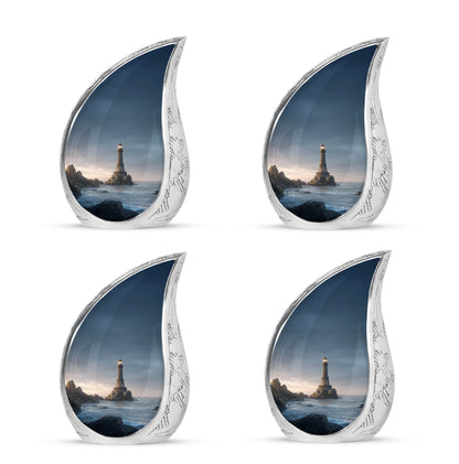 Twilight Blue Eiffel Tower Cremation Urn close-up of engraving and surface detail - graceful tear-shaped urn with eiffel tower motif - 10 inch aluminum urn for cremated remains