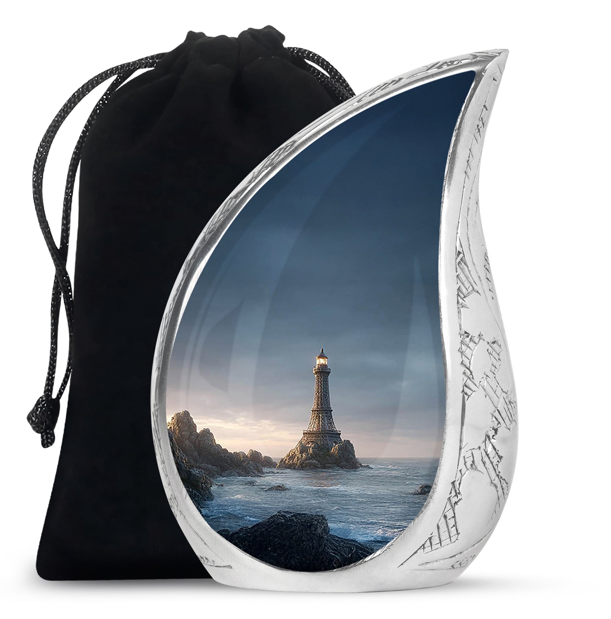 Dusty Blue Eiffel Tower Cremation Urn front view showing detailed design - rounded teardrop eiffel tower design with delicate detail - full-size 10 inch 200 cubic inch adult cremation urn