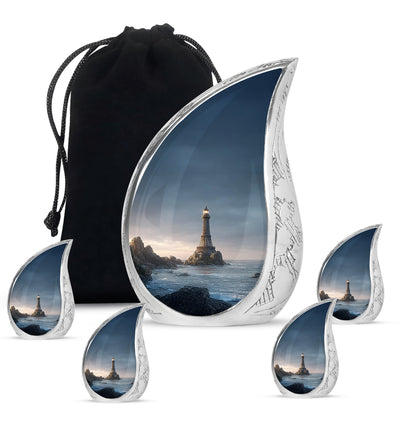 Soft Blue Eiffel Tower Cremation Urn side profile showing urn shape - graceful tear-shaped urn with eiffel tower motif - memorial set with one large and four small urns