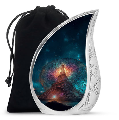 Twilight Blue Eiffel Tower Cremation Urn front view showing detailed design - graceful tear-shaped urn with eiffel tower motif - full-size 10 inch 200 cubic inch adult cremation urn