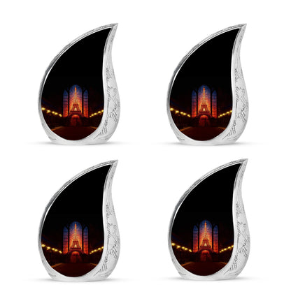 Onyx Black Eiffel Tower Cremation Urn close-up of engraving and surface detail - smooth teardrop contour featuring eiffel tower art - 10 inch aluminum urn for cremated remains
