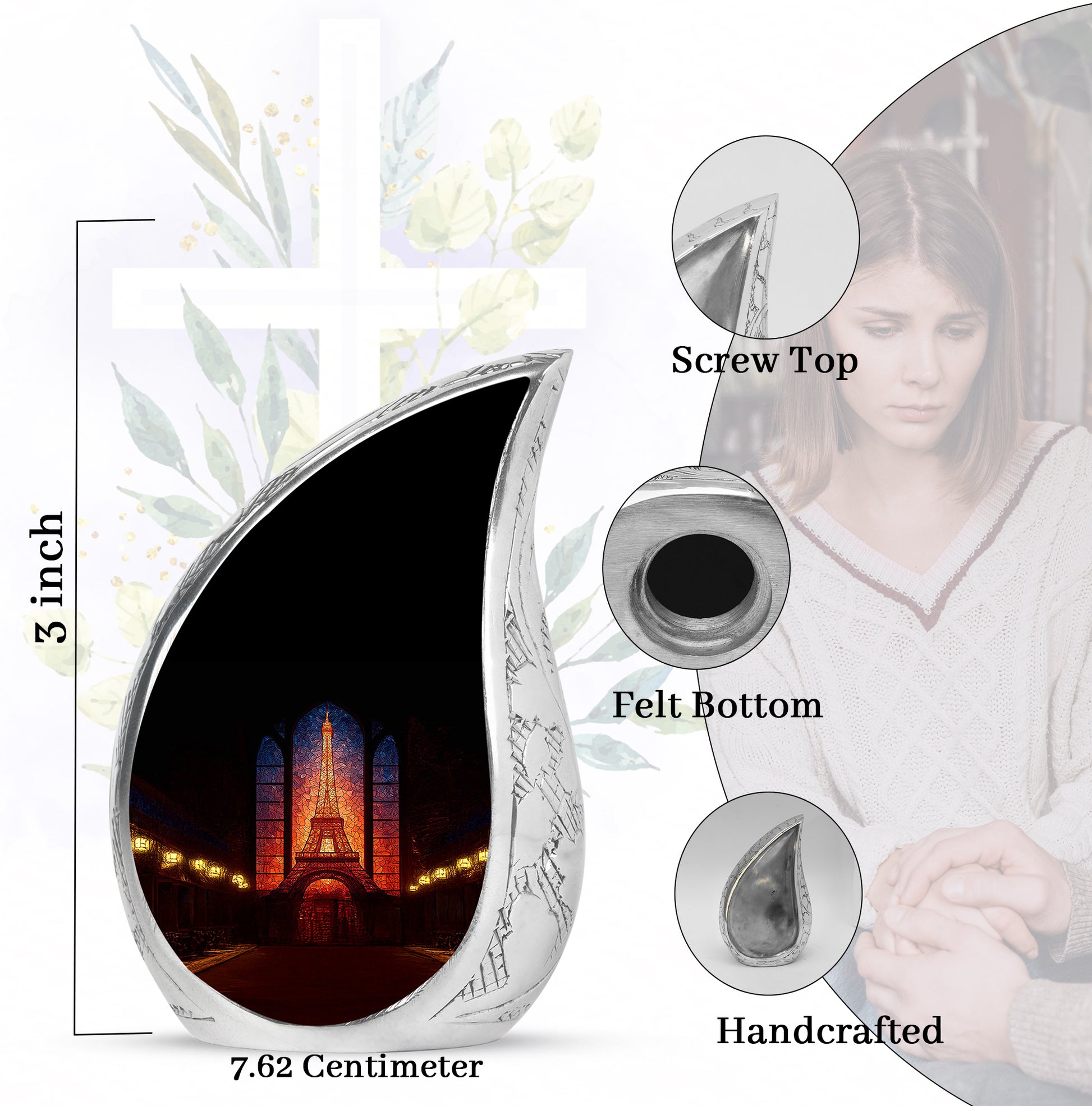 Glossy Black Eiffel Tower Cremation Urn angled view of lid and engraved motif - flowing teardrop eiffel tower silhouette on curved aluminum - mini keepsake memorial for portion of cremation ashes