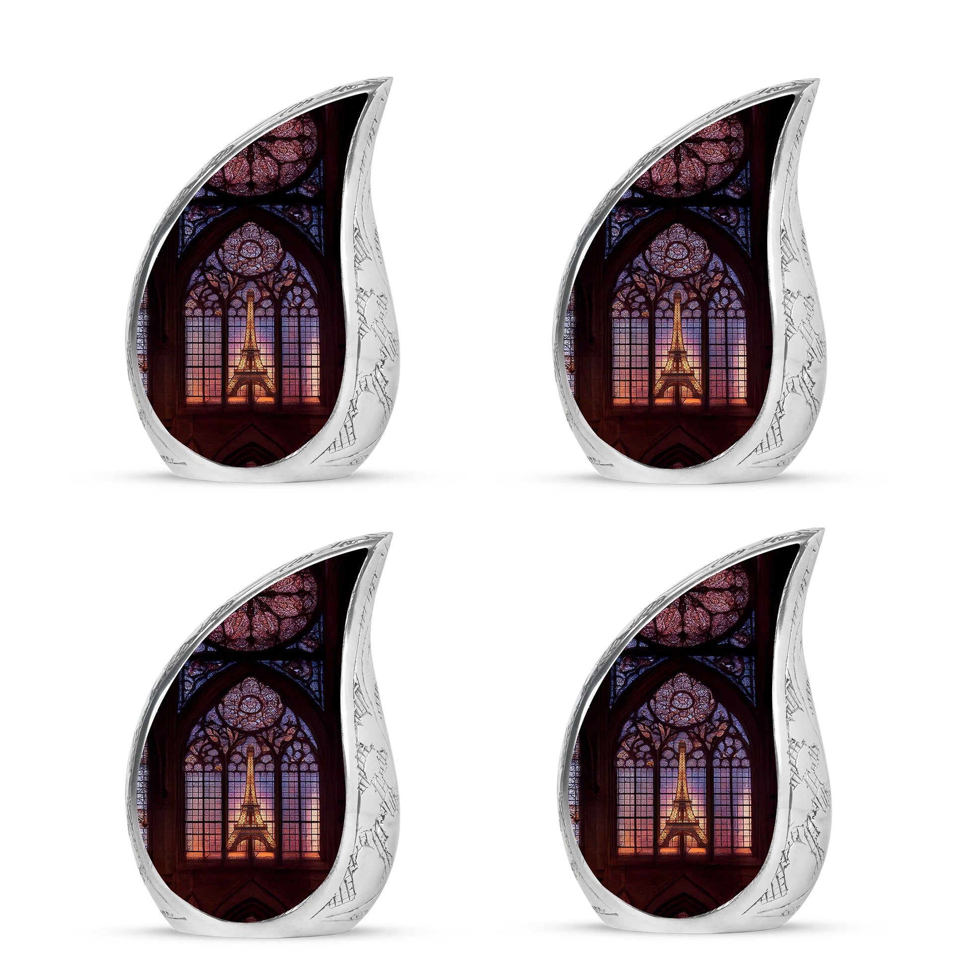 Charcoal Black Eiffel Tower Cremation Urn close-up of engraving and surface detail - smooth teardrop contour featuring eiffel tower art - 10 inch aluminum urn for cremated remains