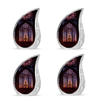 Charcoal Black Eiffel Tower Cremation Urn close-up of engraving and surface detail - smooth teardrop contour featuring eiffel tower art - 10 inch aluminum urn for cremated remains