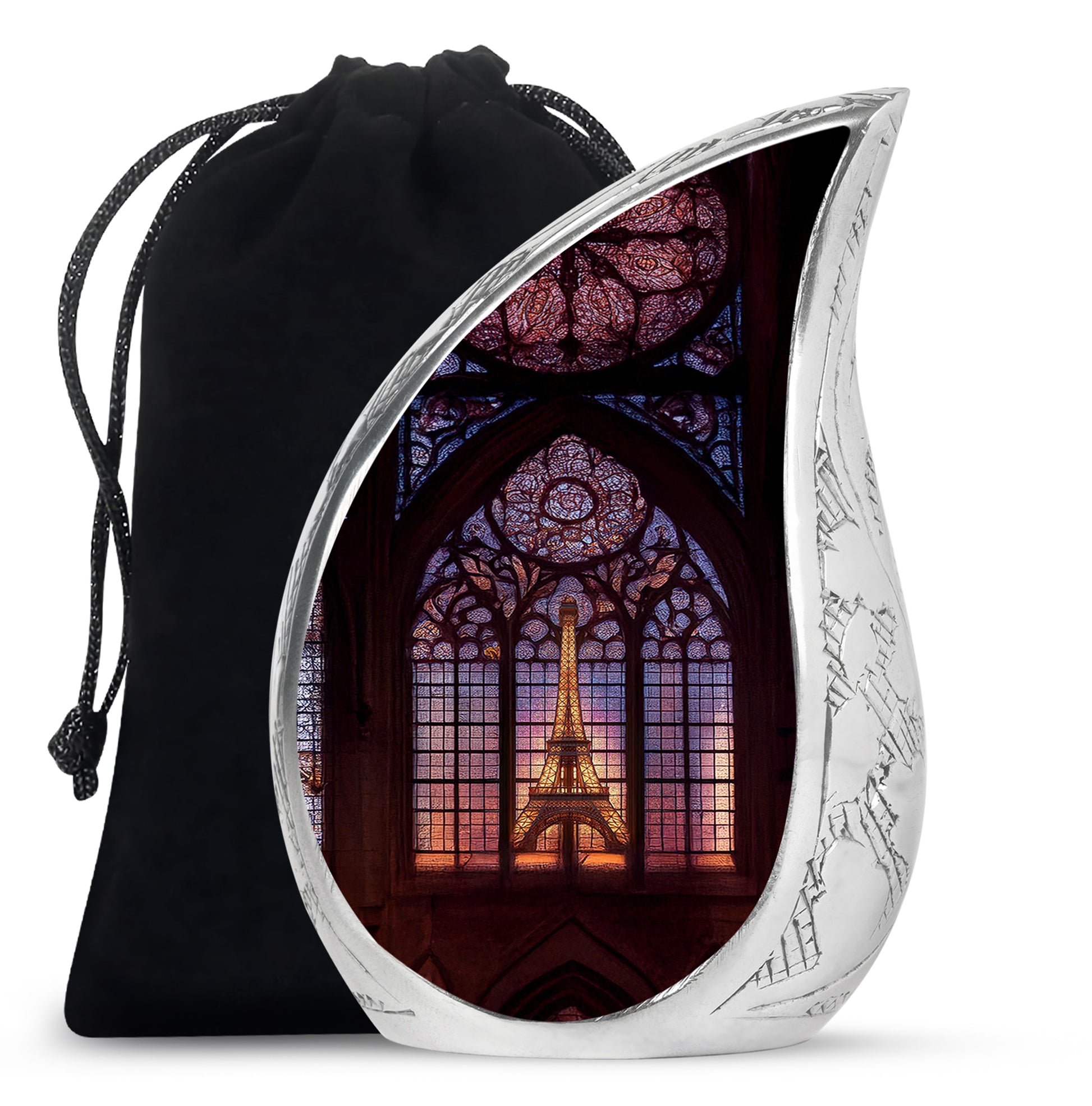 Deep Black Eiffel Tower Cremation Urn front view showing detailed design - rounded teardrop eiffel tower design with delicate detail - full-size 10 inch 200 cubic inch adult cremation urn