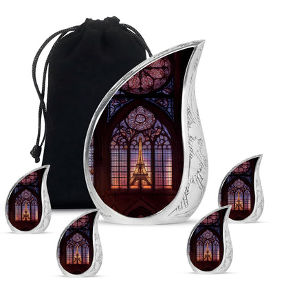Dark Black Eiffel Tower Cremation Urn side profile showing urn shape - smooth teardrop contour featuring eiffel tower art - memorial set with one large and four small urns