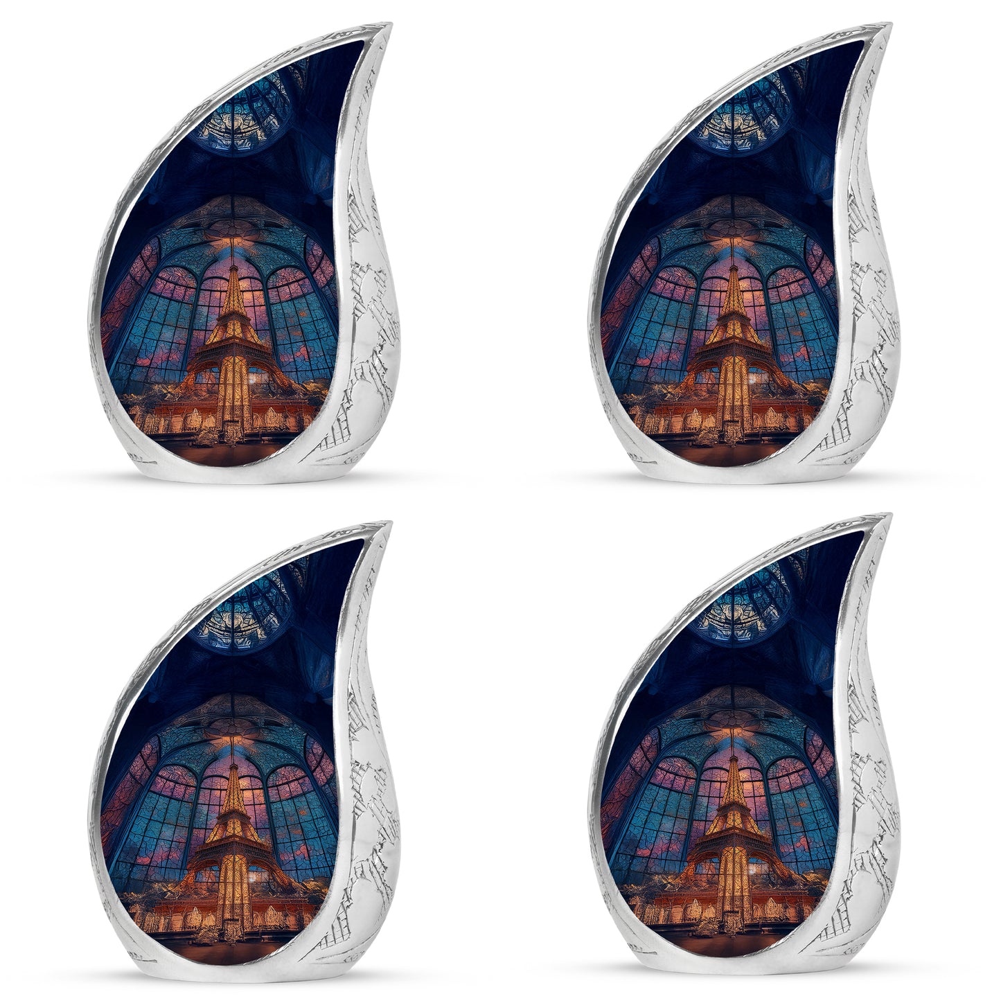 Sky Blue Eiffel Tower Cremation Urn close-up of engraving and surface detail - rounded teardrop eiffel tower design with delicate detail - 10 inch aluminum urn for cremated remains