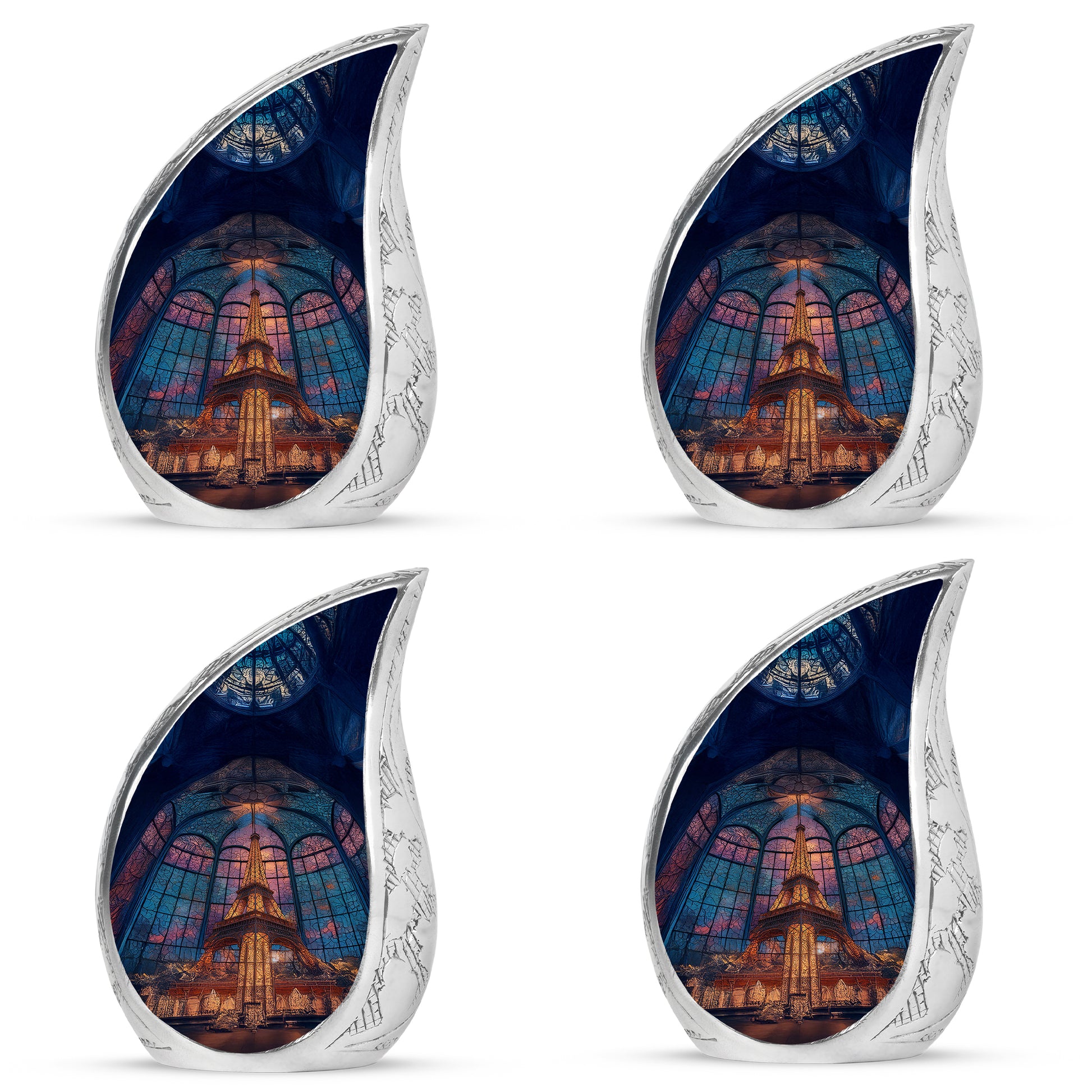 Sky Blue Eiffel Tower Cremation Urn close-up of engraving and surface detail - rounded teardrop eiffel tower design with delicate detail - 10 inch aluminum urn for cremated remains