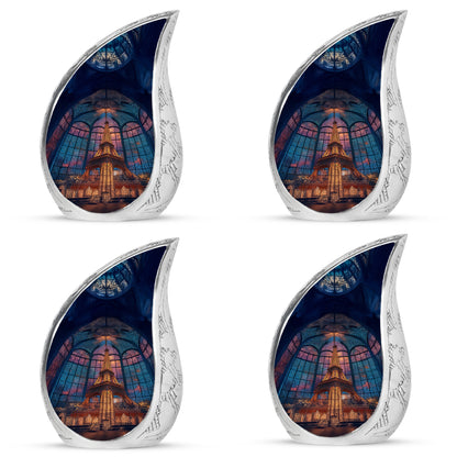 Sky Blue Eiffel Tower Cremation Urn close-up of engraving and surface detail - rounded teardrop eiffel tower design with delicate detail - 10 inch aluminum urn for cremated remains