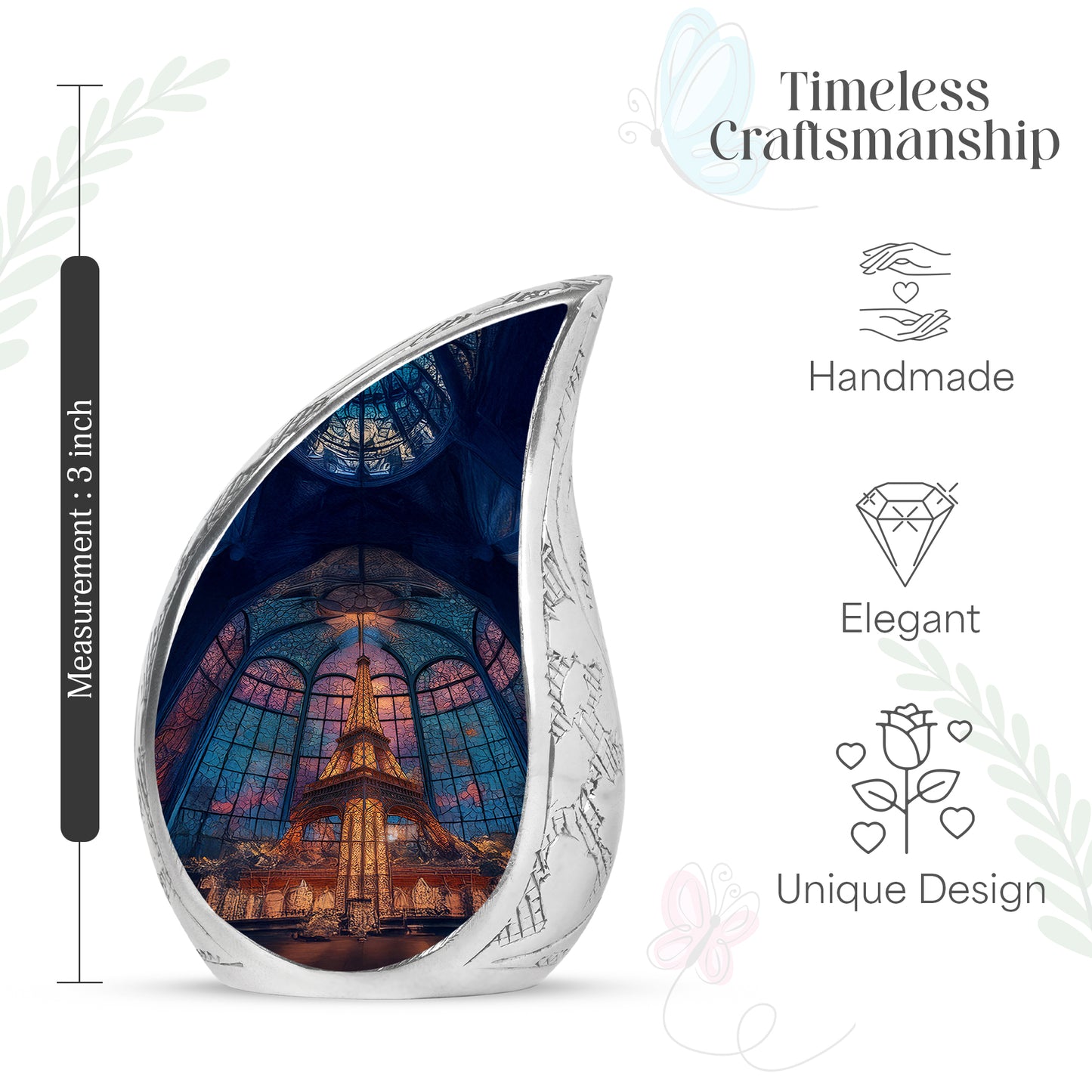 Sky Blue Eiffel Tower Cremation Urn angled view of lid and engraved motif - flowing teardrop eiffel tower silhouette on curved aluminum - mini keepsake memorial for portion of cremation ashes