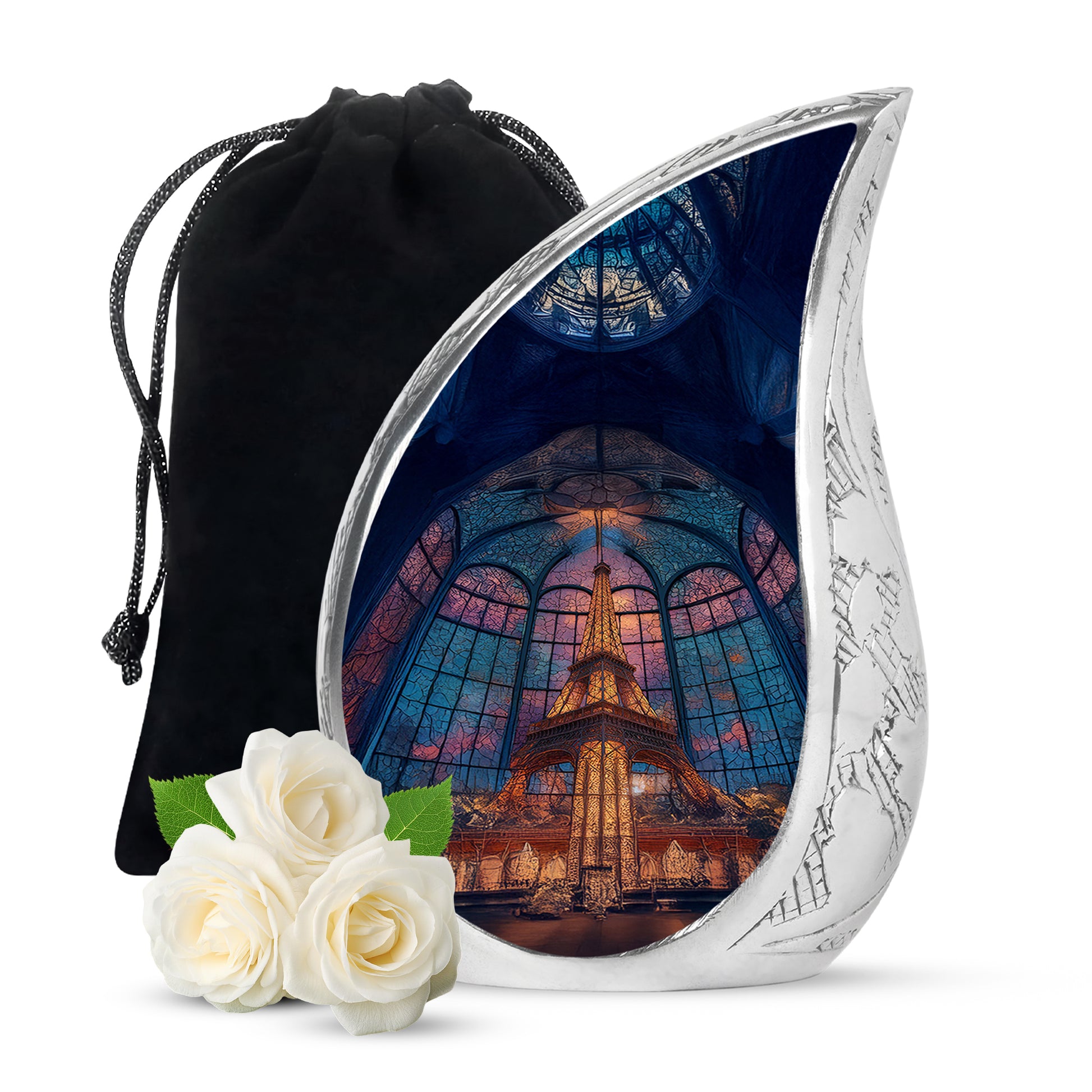 Bright Blue Eiffel Tower Cremation Urn front view showing detailed design - graceful tear-shaped urn with eiffel tower motif - full-size 10 inch 200 cubic inch adult cremation urn