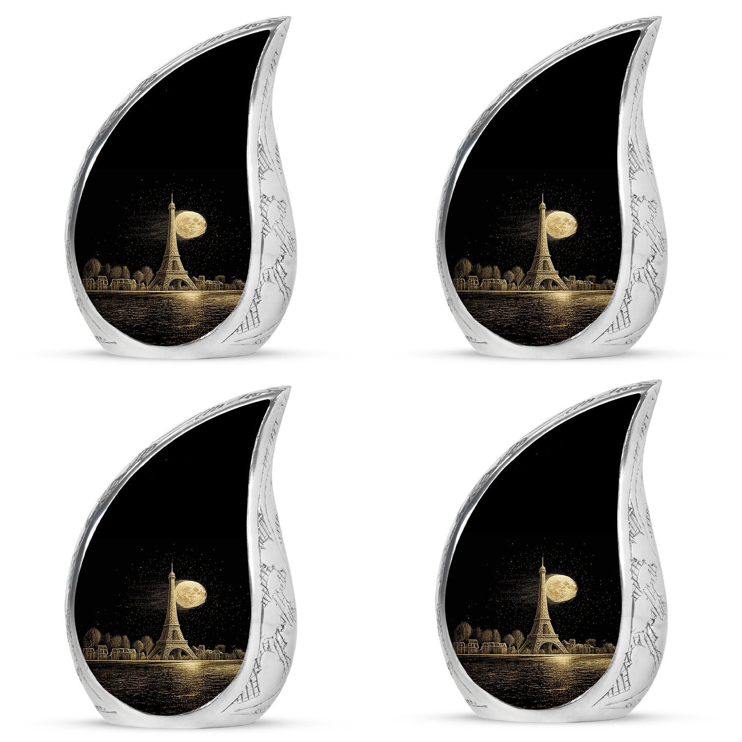 Charcoal Black Eiffel Tower Cremation Urn close-up of engraving and surface detail - smooth teardrop contour featuring eiffel tower art - 10 inch aluminum urn for cremated remains