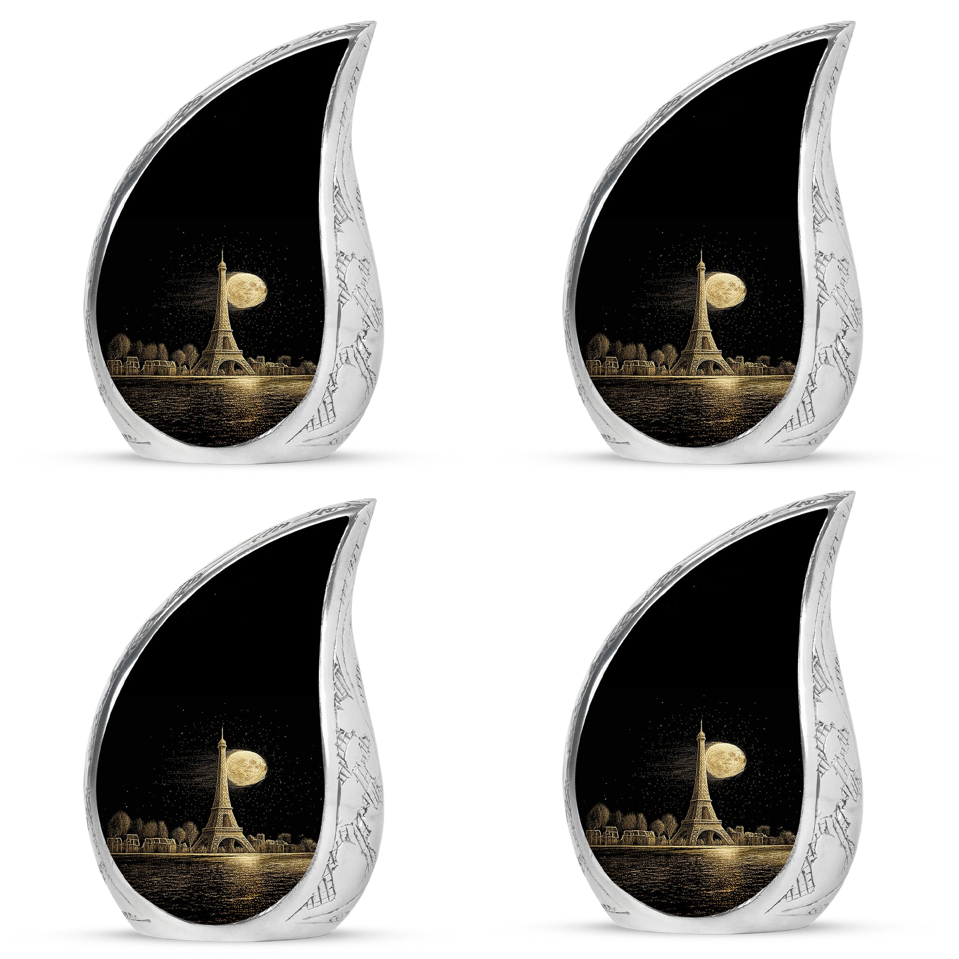 Charcoal Black Eiffel Tower Cremation Urn close-up of engraving and surface detail - smooth teardrop contour featuring eiffel tower art - 10 inch aluminum urn for cremated remains