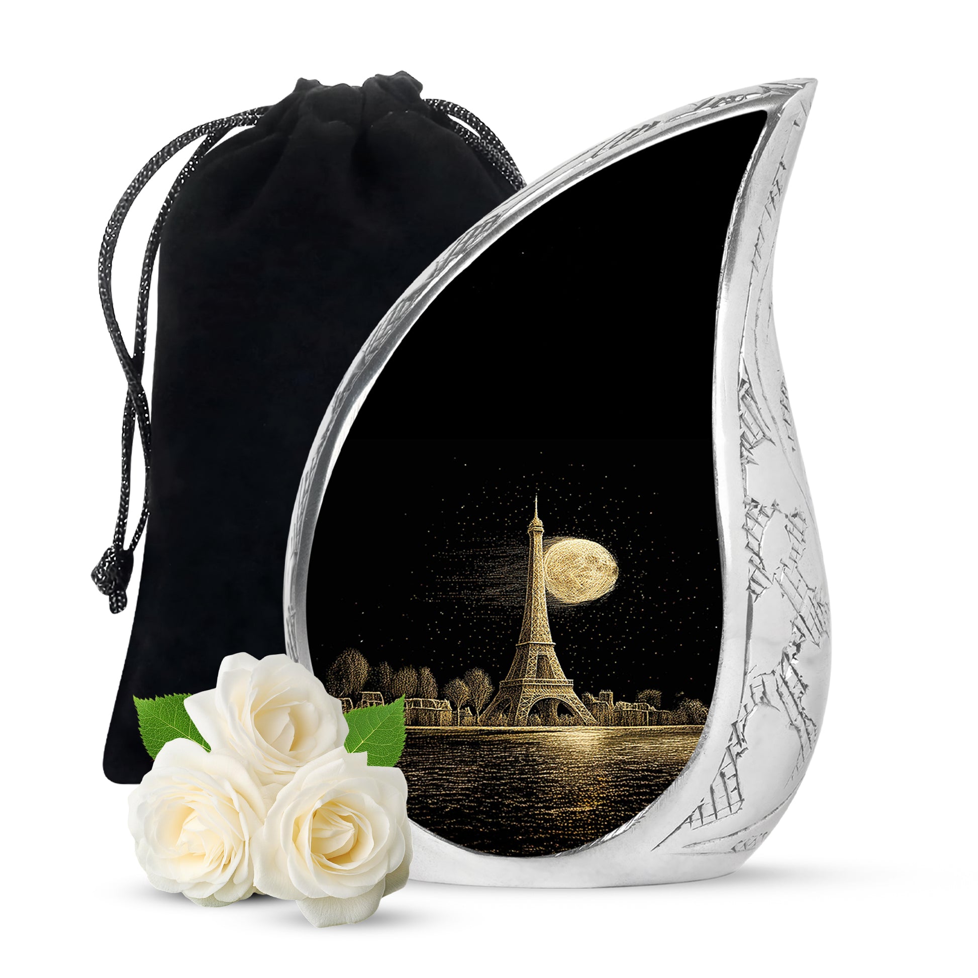 Charcoal Black Eiffel Tower Cremation Urn front view showing detailed design - graceful tear-shaped urn with eiffel tower motif - full-size 10 inch 200 cubic inch adult cremation urn