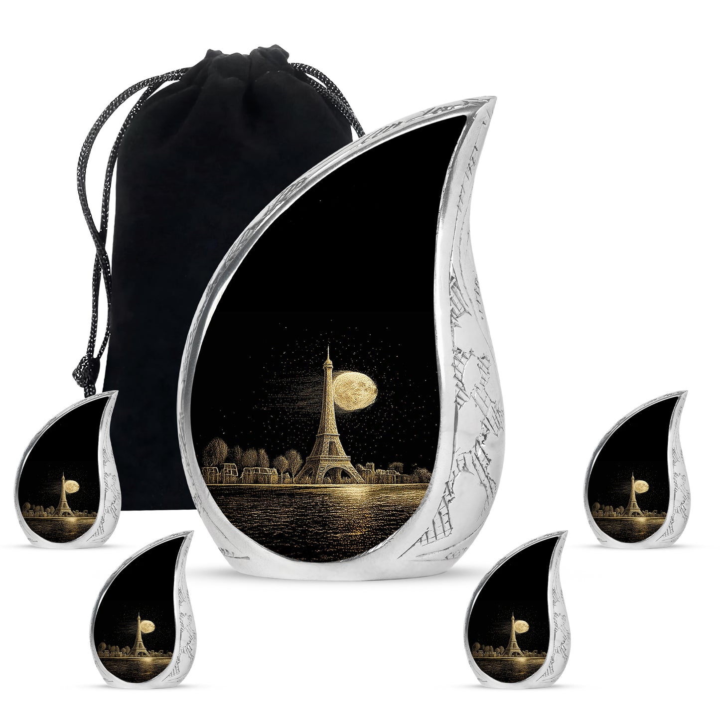 Charcoal Black Eiffel Tower Cremation Urn side profile showing urn shape - smooth teardrop contour featuring eiffel tower art - memorial set with one large and four small urns