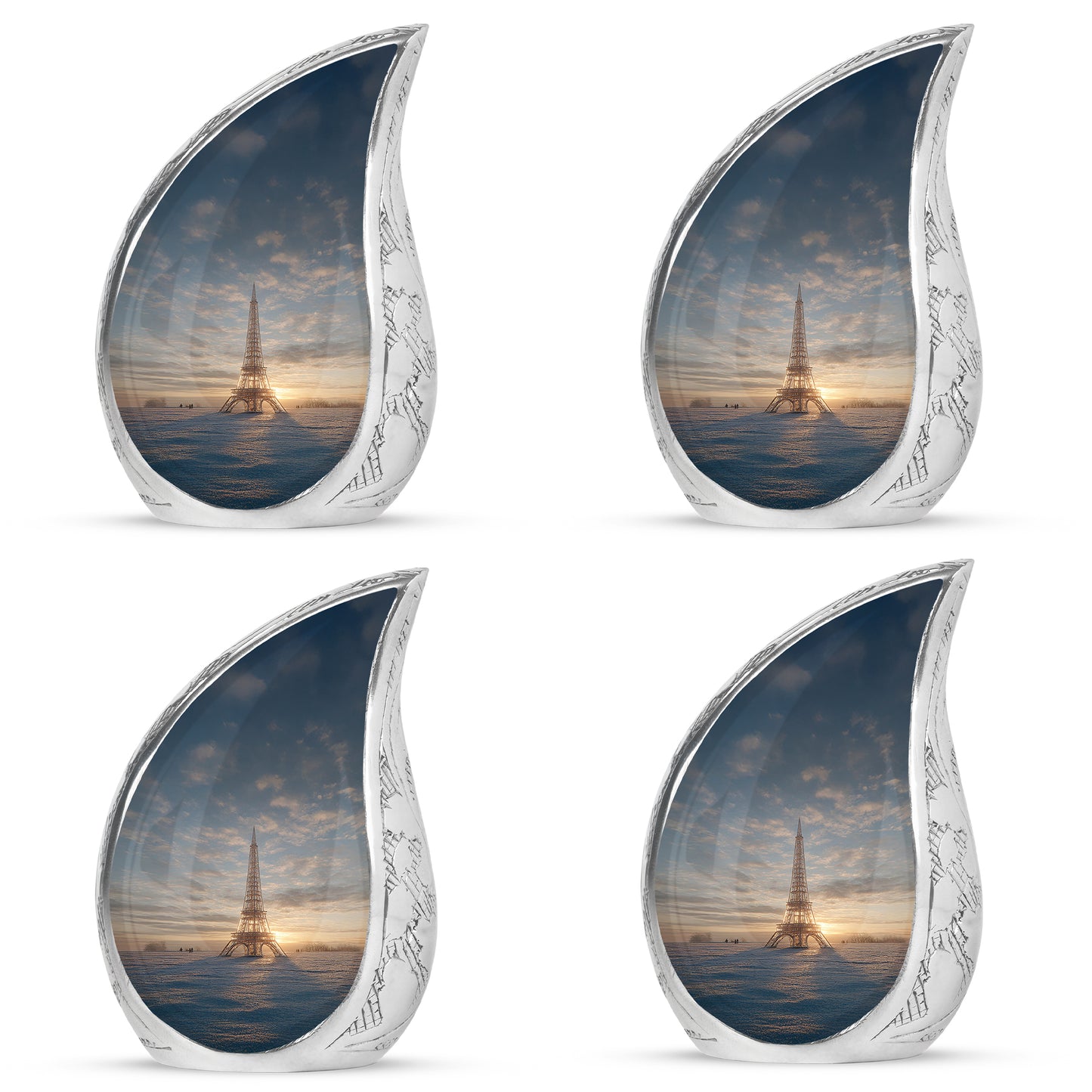 Smoke Gray Eiffel Tower Cremation Urn close-up of engraving and surface detail - graceful tear-shaped urn with eiffel tower motif - 10 inch aluminum urn for cremated remains