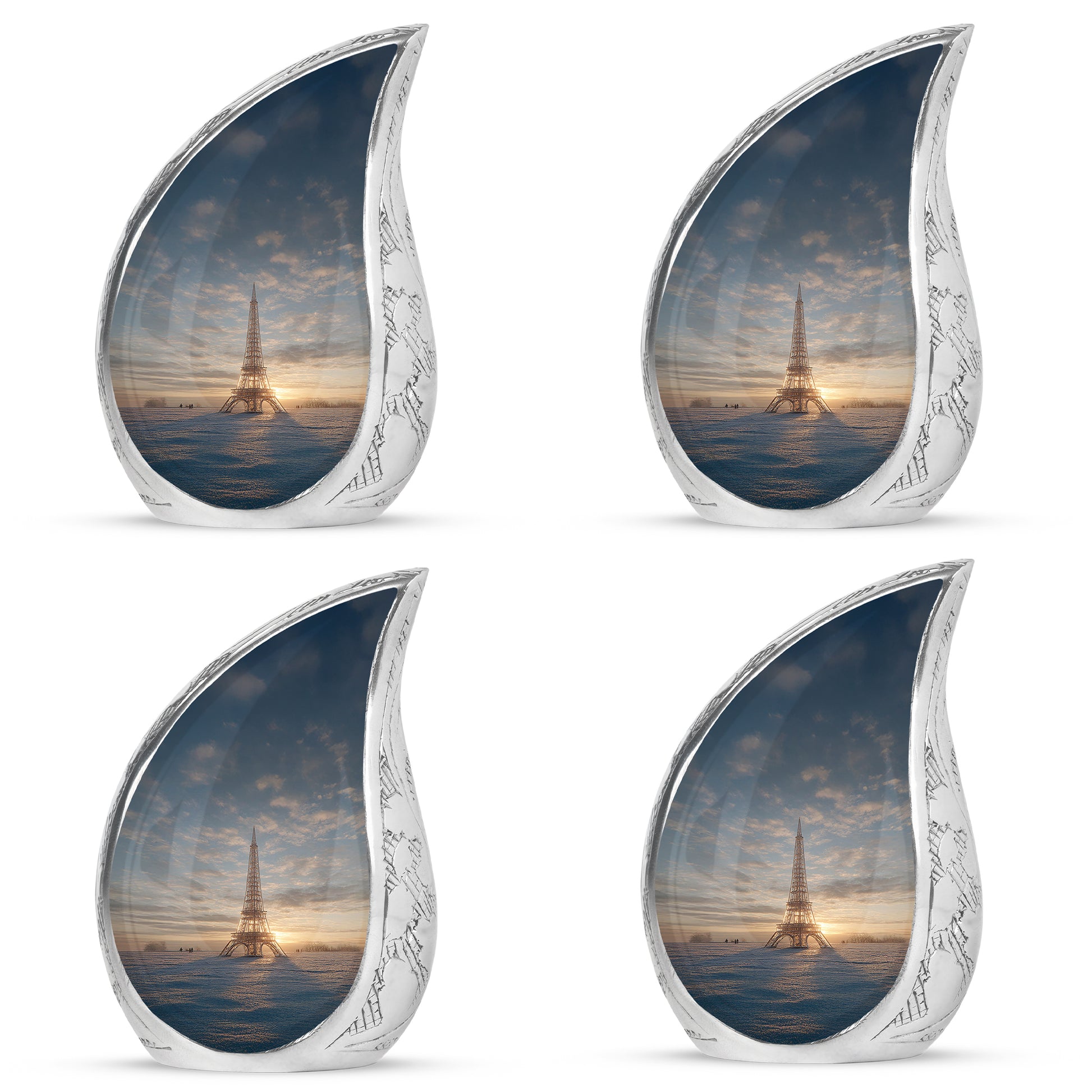 Smoke Gray Eiffel Tower Cremation Urn close-up of engraving and surface detail - graceful tear-shaped urn with eiffel tower motif - 10 inch aluminum urn for cremated remains