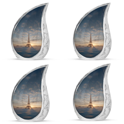 Smoke Gray Eiffel Tower Cremation Urn close-up of engraving and surface detail - graceful tear-shaped urn with eiffel tower motif - 10 inch aluminum urn for cremated remains