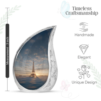 Slate Gray Eiffel Tower Cremation Urn angled view of lid and engraved motif - smooth teardrop contour featuring eiffel tower art - mini keepsake memorial for portion of cremation ashes