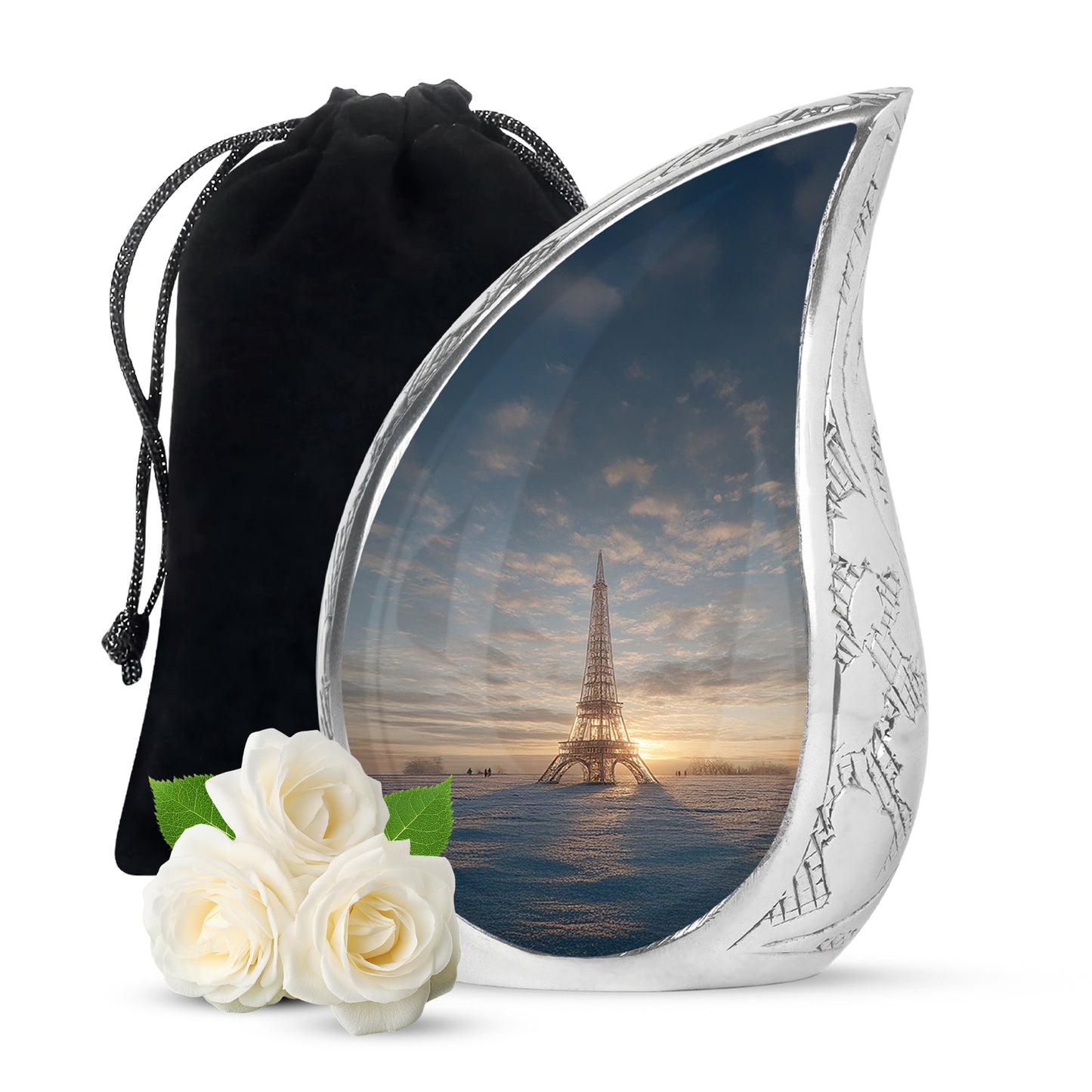 Ash Gray Eiffel Tower Cremation Urn front view showing detailed design - graceful tear-shaped urn with eiffel tower motif - full-size 10 inch 200 cubic inch adult cremation urn
