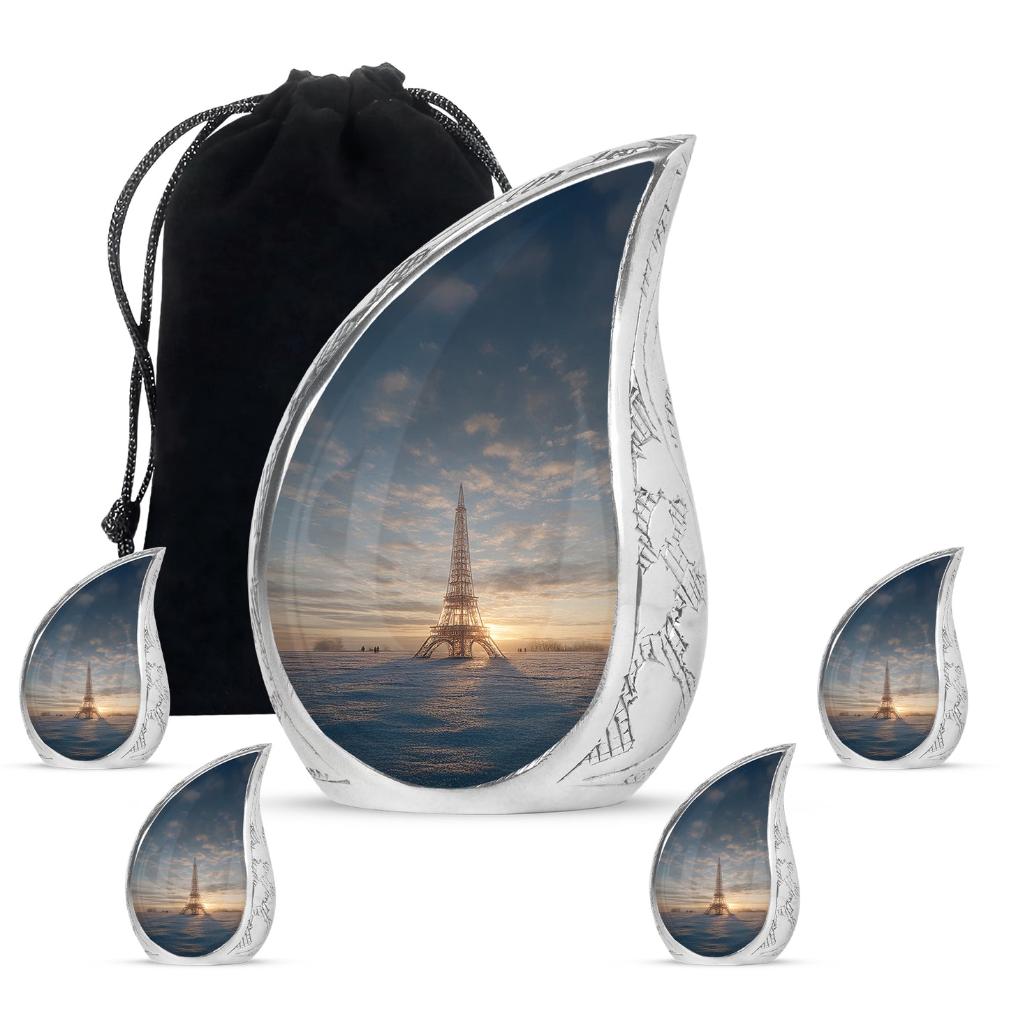 Steel Gray Eiffel Tower Cremation Urn side profile showing urn shape - smooth teardrop contour featuring eiffel tower art - memorial set with one large and four small urns