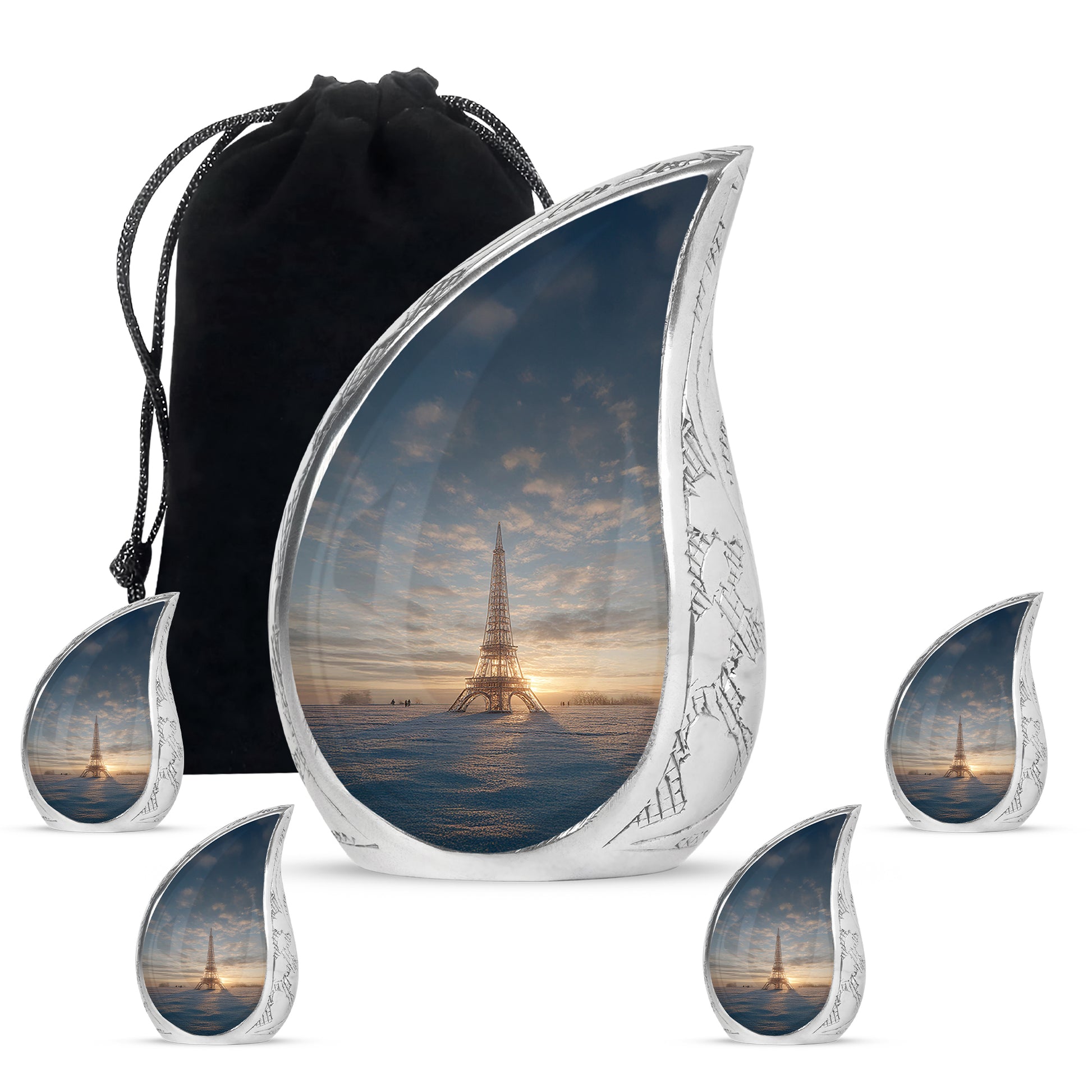 Steel Gray Eiffel Tower Cremation Urn side profile showing urn shape - smooth teardrop contour featuring eiffel tower art - memorial set with one large and four small urns