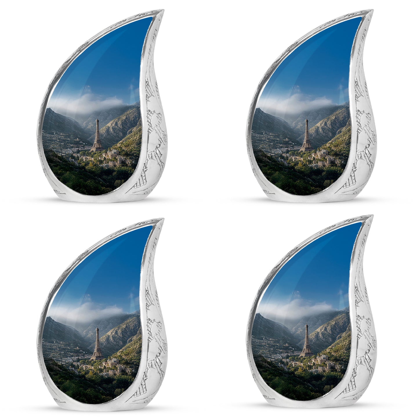 Twilight Blue Eiffel Tower Cremation Urn close-up of engraving and surface detail - graceful tear-shaped urn with eiffel tower motif - 10 inch aluminum urn for cremated remains