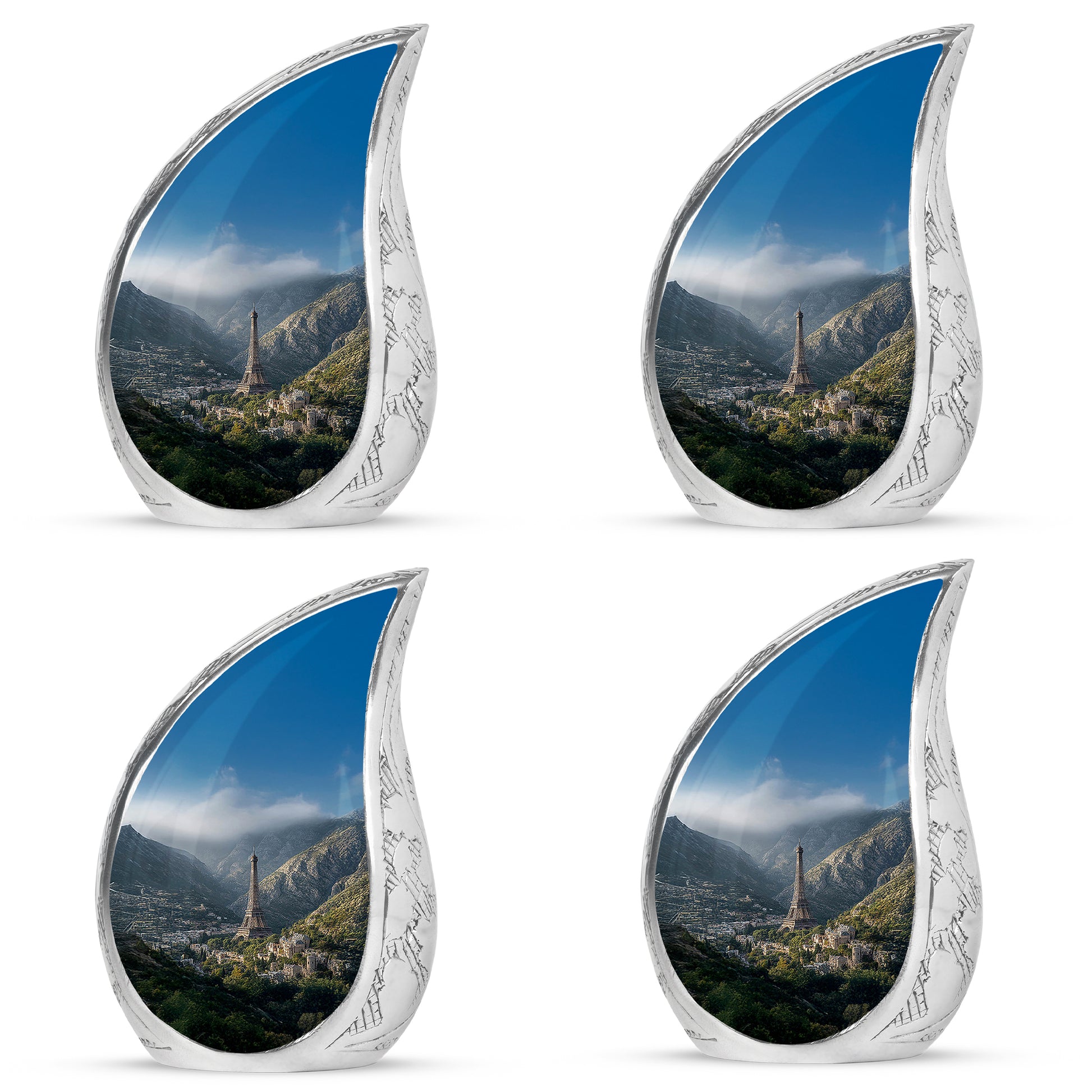 Twilight Blue Eiffel Tower Cremation Urn close-up of engraving and surface detail - graceful tear-shaped urn with eiffel tower motif - 10 inch aluminum urn for cremated remains