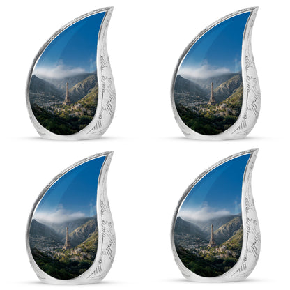 Twilight Blue Eiffel Tower Cremation Urn close-up of engraving and surface detail - graceful tear-shaped urn with eiffel tower motif - 10 inch aluminum urn for cremated remains