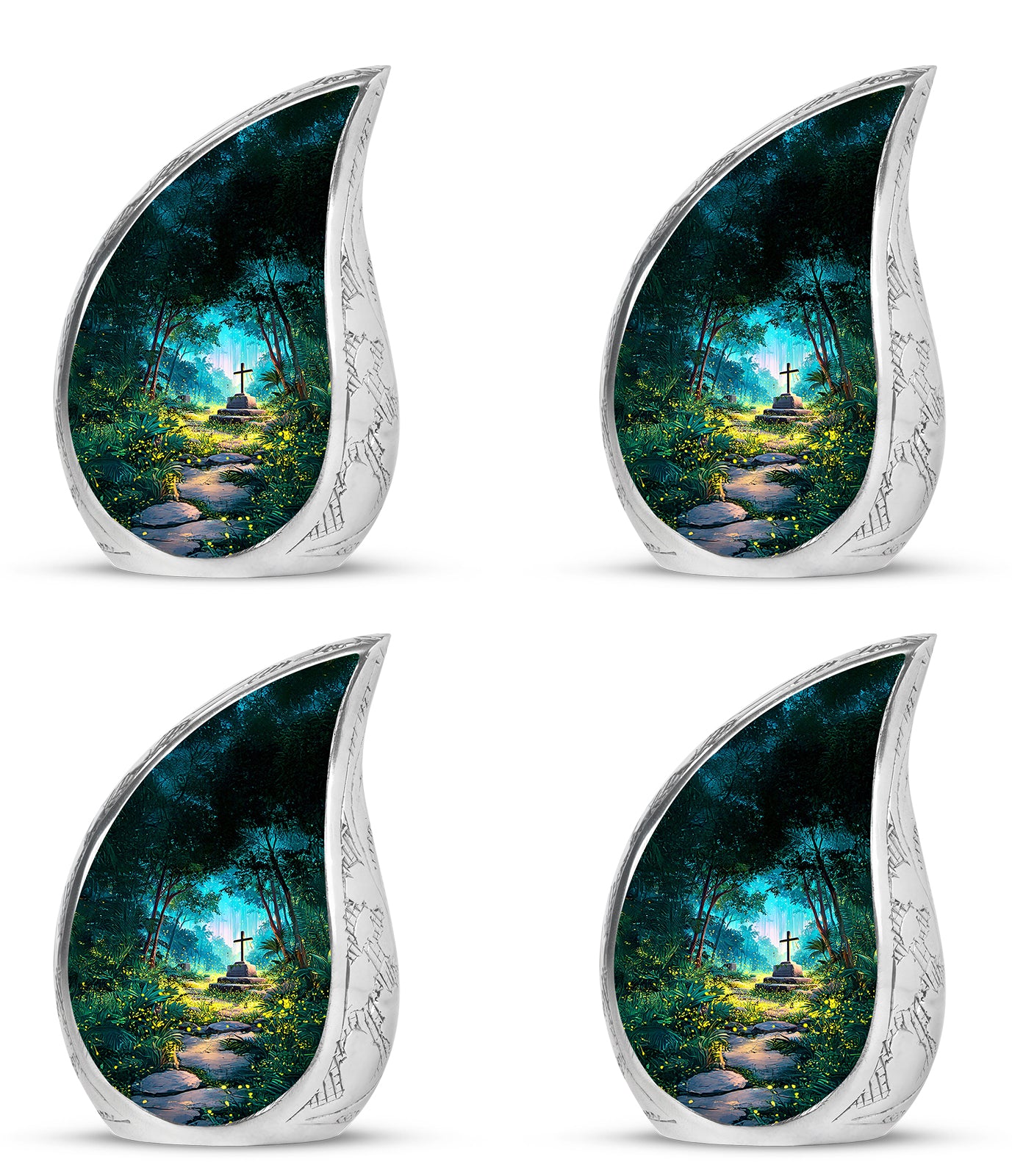 Tropical Teal Cross Cremation Urn close-up of engraving and surface detail - graceful tear-shaped urn with cross motif - 10 inch aluminum urn for cremated remains