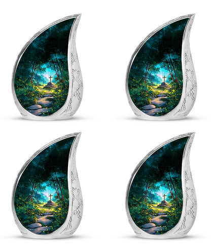 Tropical Teal Cross Cremation Urn close-up of engraving and surface detail - graceful tear-shaped urn with cross motif - 10 inch aluminum urn for cremated remains