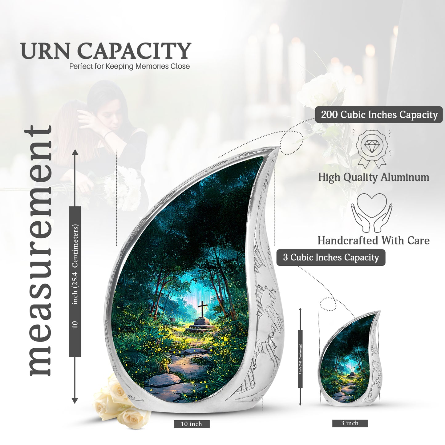 Sea Green Teal Cross Cremation Urn angled view of lid and engraved motif - flowing teardrop cross silhouette on curved aluminum - mini keepsake memorial for portion of cremation ashes