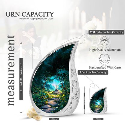 Sea Green Teal Cross Cremation Urn angled view of lid and engraved motif - flowing teardrop cross silhouette on curved aluminum - mini keepsake memorial for portion of cremation ashes