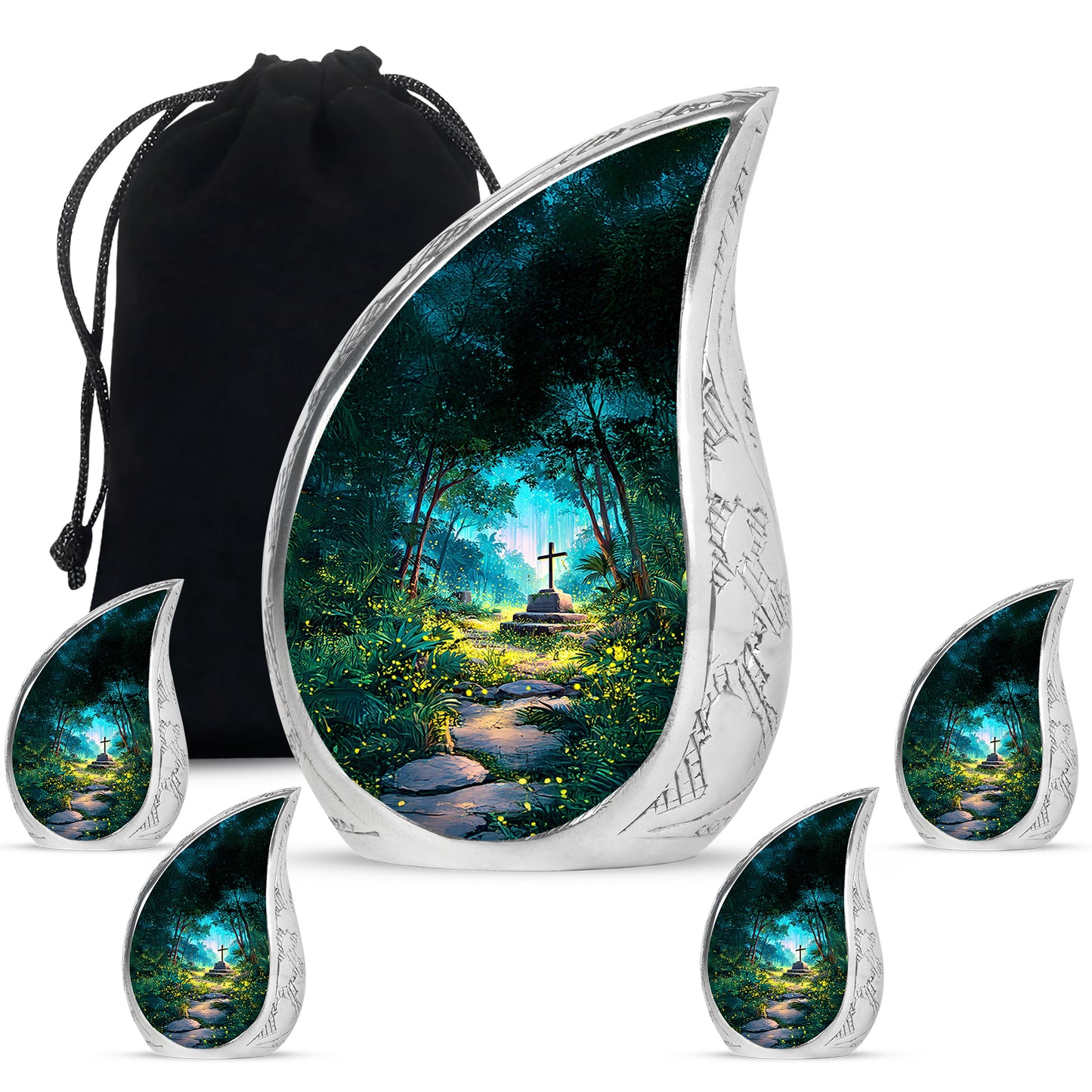 Ocean Teal Cross Cremation Urn side profile showing urn shape - rounded teardrop cross design with delicate detail - memorial set with one large and four small urns